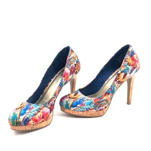 Fioni multi color floral cork stiletto wedge pump